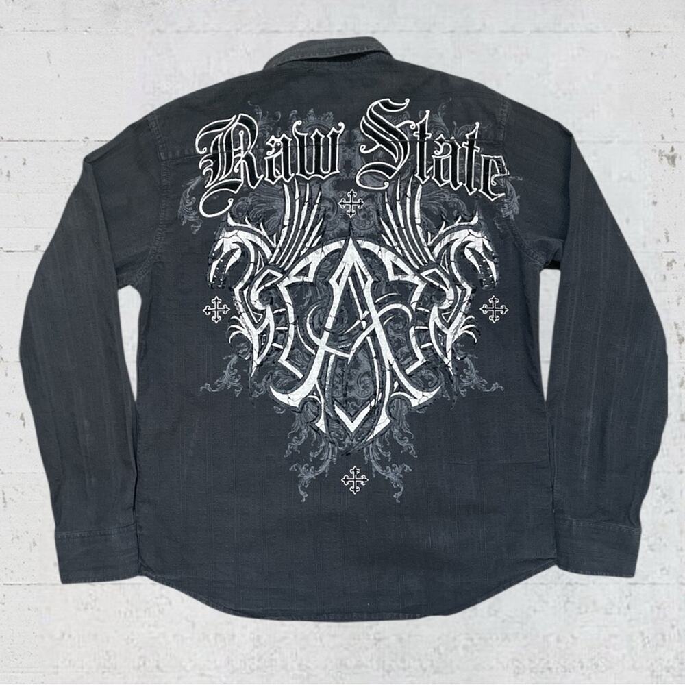 Raw State Shirt Men Large Y2K Black Grunge Punk Rock Graphic Spellout Logo